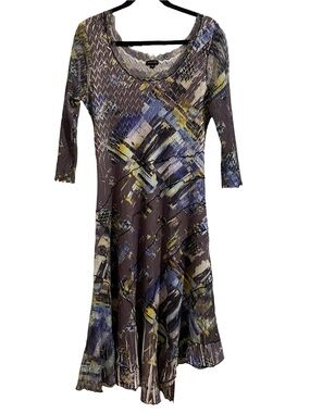 KOMAROV Abstract Print Long Sleeve Midi Dress Crinkle Textured Fabric Artsy
